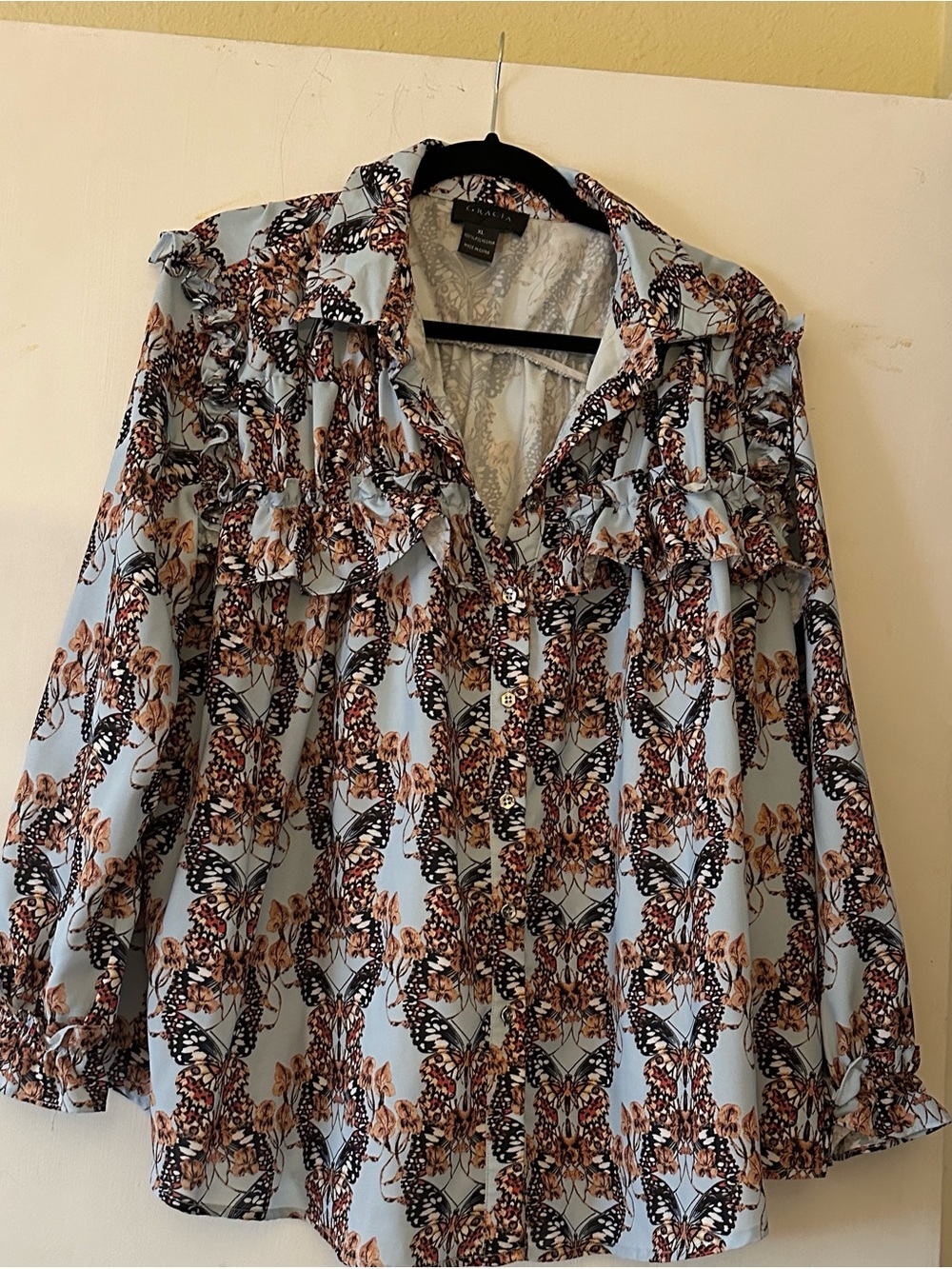 Light Blue Ruffle-Yoke Floral Blouse